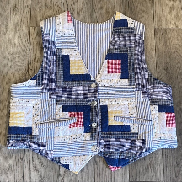 Vintage Patch Magic Quilted Reversible Vest Size XL Patchwork/Blue White Stripes - Picture 2 of 14
